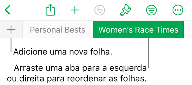 Barra de abas para adicionar uma nova folha, navegar, reorganizar e reorganizar folhas.