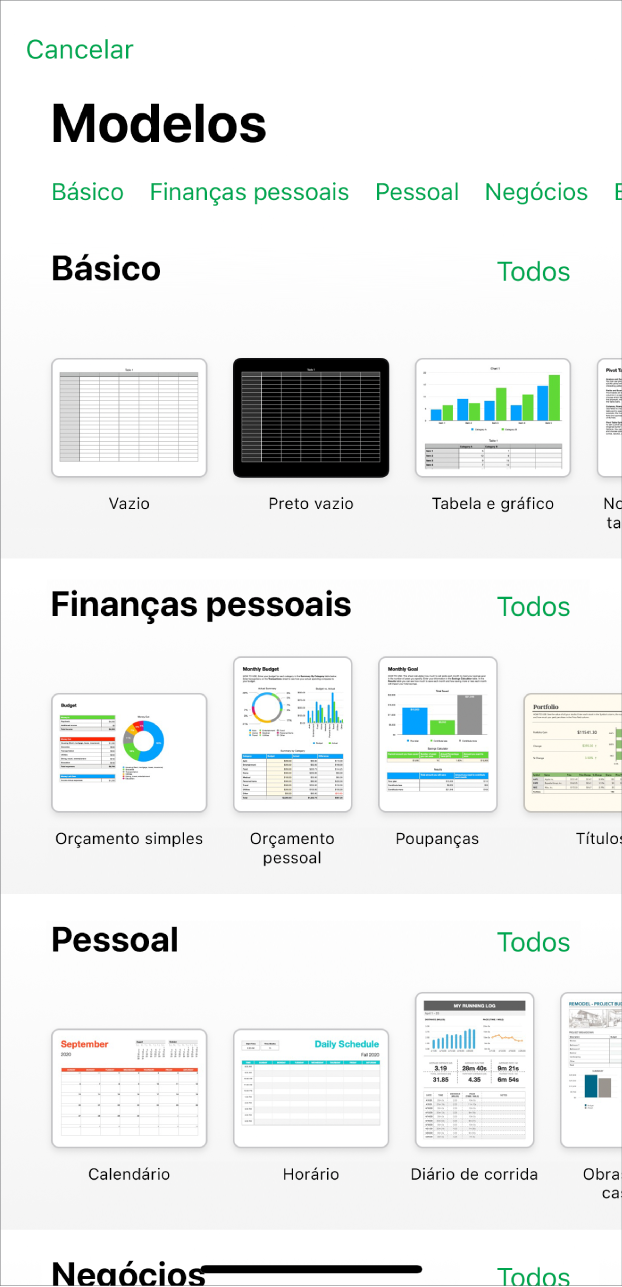 A lista de modelos com uma linha de categorias visível na parte superior, na qual é possível tocar para filtrar as opções. Por baixo estão visíveis miniaturas de modelos preconcebidos organizados em linhas por categoria, que começam por “Básico” na parte superior e “Finanças pessoais”, “Pessoal” e “Negócio” posteriormente. Surge um botão "Ver tudo” por cima e à direita de cada linha da categoria. O botão “Cancelar” no canto superior esquerdo.