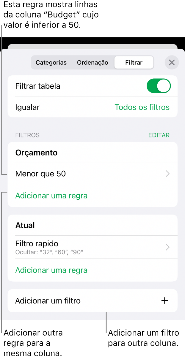 Controlos para adicionar novas regras de filtragem ou edição de regras existentes.