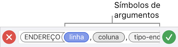 O editor de fórmulas a mostrar uma função com símbolos de argumentos.