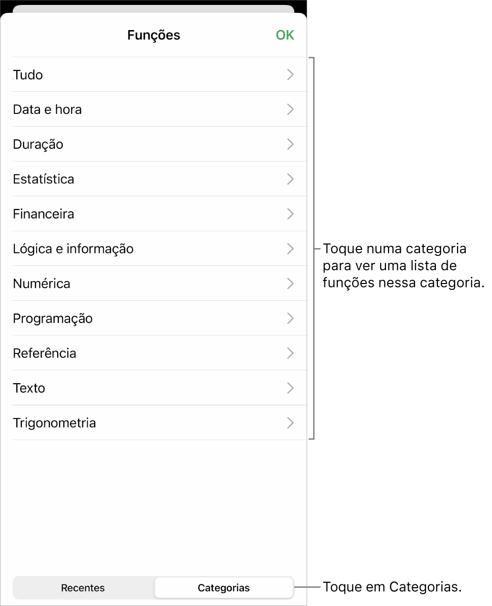 O navegador de funções com o botão "Categorias” selecionado e a lista de categorias por baixo.