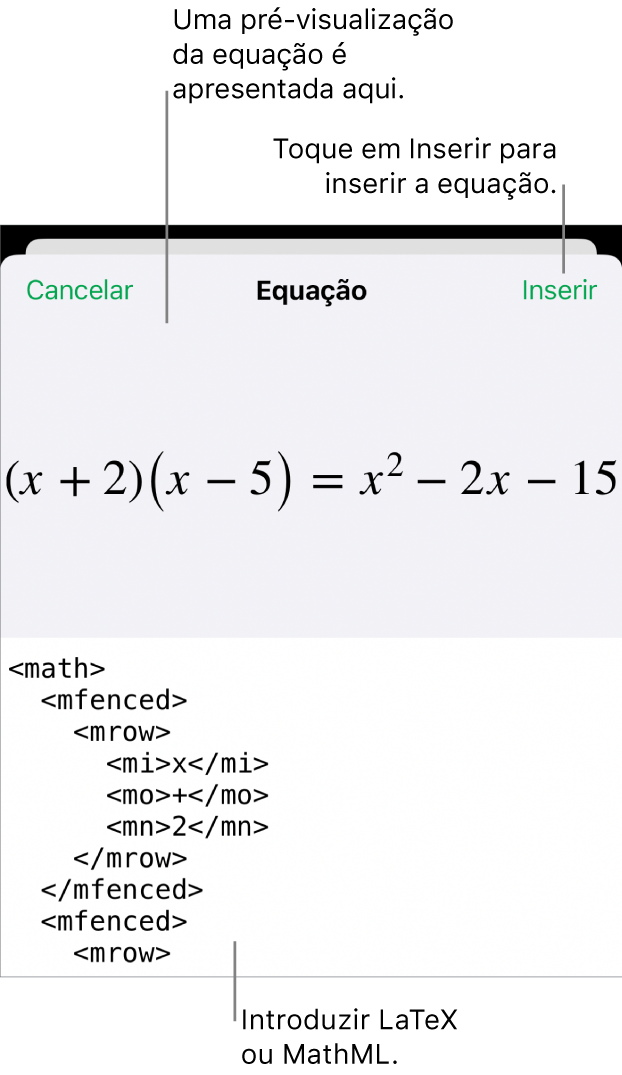 A caixa de diálogo “Equação”, apresentando uma equação escrita com recurso aos comandos MathML e uma pré-visualização da fórmula em cima.