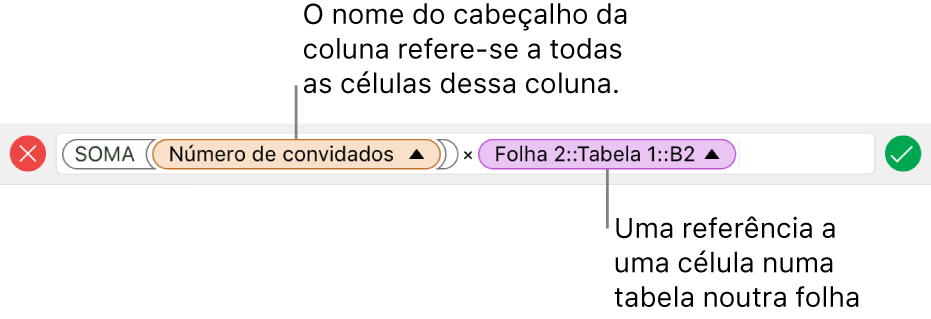 Editor de fórmula a mostrar uma fórmula que faz referência a uma coluna numa tabela e a uma célula noutra tabela.