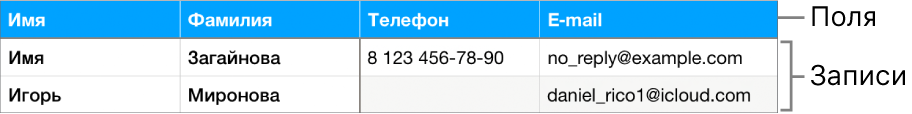 Таблица, подготовленная для работы с формами: таблица содержит строку заголовков с подписями полей, а также список записей с контактной информацией участников спортивной команды.