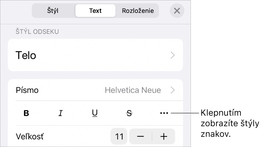 Ovládacie prvky Formát so štýlmi odseku v hornej časti, ako aj ovládacie prvky Písmo. Pod Písmom sú tlačidlá Tučné, Kurzíva, Prečiarknutie a Viac možností textu.