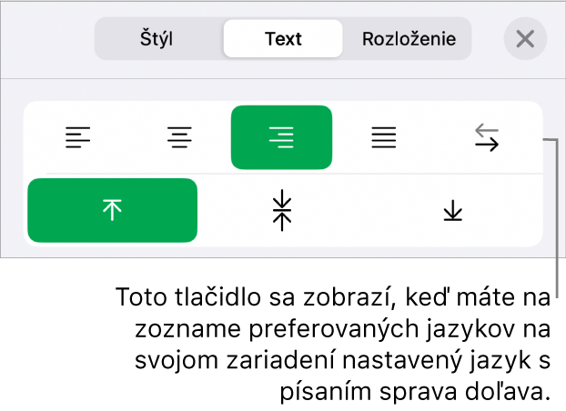 Časť Štýl tlačidla menu Formát s bublinou popisujúcou tlačidlo Sprava doľava.