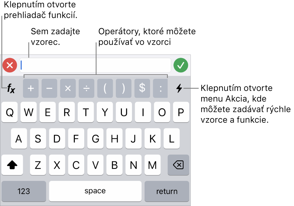 Klávesnica na zadávanie vzorcov. Vo vrchnej časti sa nachádza editor vzorcov, pod ním sú operátory, ktoré sa používajú vo vzorcoch. Tlačidlo Funkcie slúžiace na otváranie Prehliadača funkcií sa nachádza vľavo od operátorov. Vpravo sa nachádza tlačidlo slúžiace na otváranie menu Akcia.