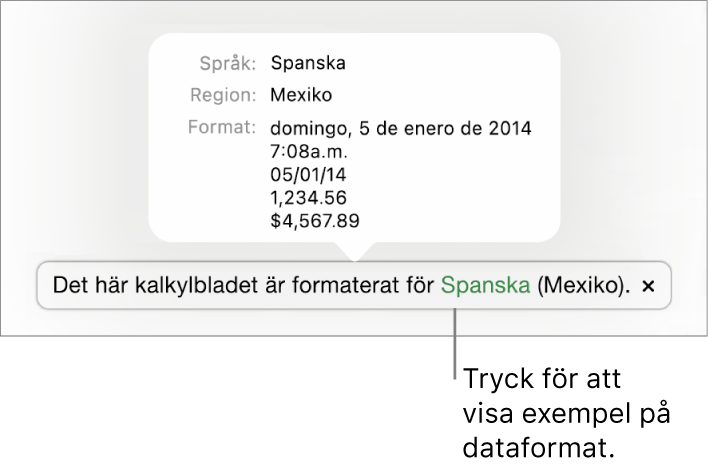 Meddelandet om olika språk- och regioninställningar samt exempel på formatering för det andra språket och den andra regionen.