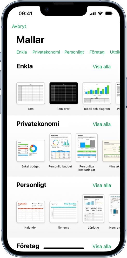 Längs överkanten i mallväljaren visas en rad med kategorier som du kan trycka på om du vill filtrera alternativen. Nedanför finns miniatyrer av fördesignade mallar som är ordnade i rader efter kategorier. Högst upp visas Senaste, följt av Enkla och Privatekonomi. Knappen Visa alla syns ovanför och till höger om varje kategorirad. Knappen för språk och region finns i övre högra hörnet.