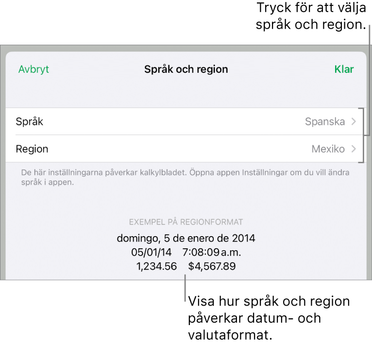 Panelen Språk och region med reglage för språk och region samt ett formatexempel med datum, tid, decimal och valuta.