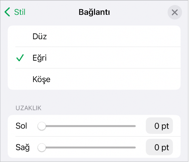 Eğri seçili olan Bağlantı denetimleri.