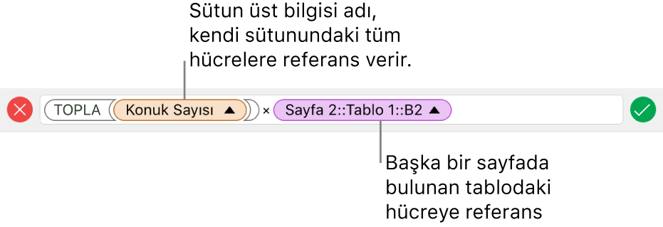 Bir tabloda sütuna ve başka bir tabloda hücreye başvuran bir formül gösteren Formül Düzenleyici.