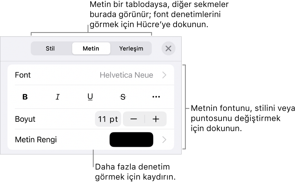 Paragraf ve karakter stillerini, fontunu, boyutunu ve rengini ayarlamak için Biçim menüsündeki metin kontrolleri.