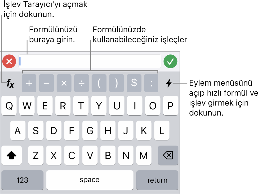 En üstte formül düzenleyici ile birlikte formül klavyesi ve onun altında formüllerde kullanılan işleçler. İşlev Tarayıcı’yı açmak için kullanılan İşlevler düğmesi işleçlerin solunda, Eylem menüsü düğmesi ise sağda.