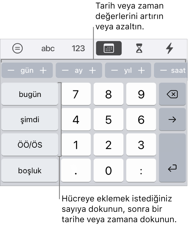 Tarih ve saat klavyesi. En üst kısma yakın yerdeki bir düğmeler sırası, hücrede gösterilen değeri değiştirmek için artırabileceğiniz zaman birimlerini (ay, gün ve yıl) gösterir. Solda bugünün tarihi, şu anki saat ve öğleden önce/sonra bilgisi (AM/PM) için tuşlar ve klavyenin ortasında da numara tuşları bulunur.