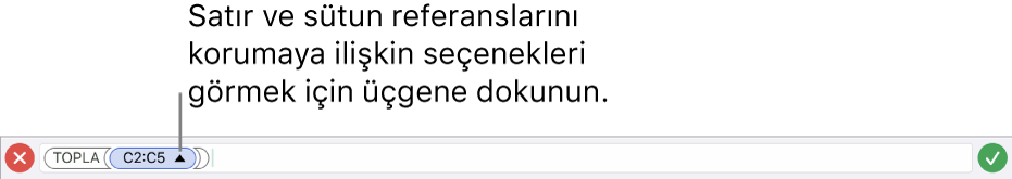 Hücre kopyalandığında veya taşındığında satır ve sütun referanslarının nasıl korunacağını gösteren bir Formül Düzenleyicisi.