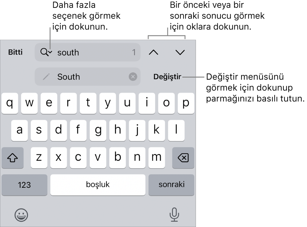 Arama Seçenekleri, Değiştir, Yukarı Git ve Aşağı Git düğmelerine belirtme çizgileriyle klavyenin üst tarafındaki Bul ve Değiştir denetimleri.