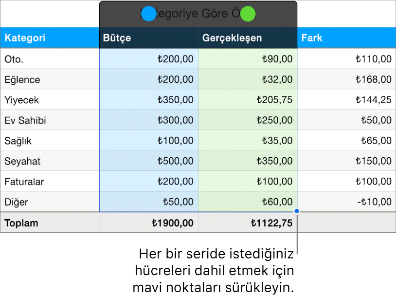 Seri seçim tutamaklarını gösteren tablo hücreleri.