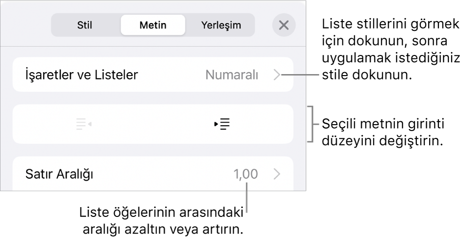 Madde İşaretleri ve Listeler, çıkıntı ve girinti düğmeleri ve de satır aralığı denetimlerini gösteren belirtme çizgileri ile Biçim denetimlerinin Madde İşaretleri ve Listeler bölümü.