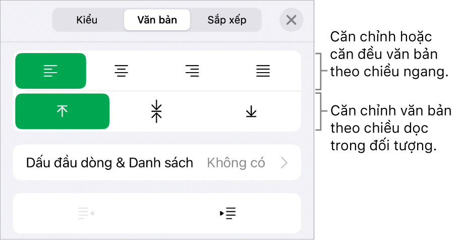 Phần Bố cục của trình kiểm tra Định dạng với các lời nhắc đến các nút căn chỉnh văn bản và giãn cách.