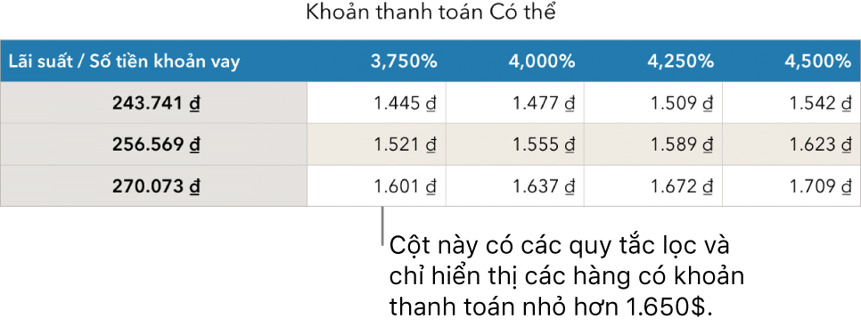 Bảng thế chấp được hiển thị sau khi lọc lãi suất có thể trả.