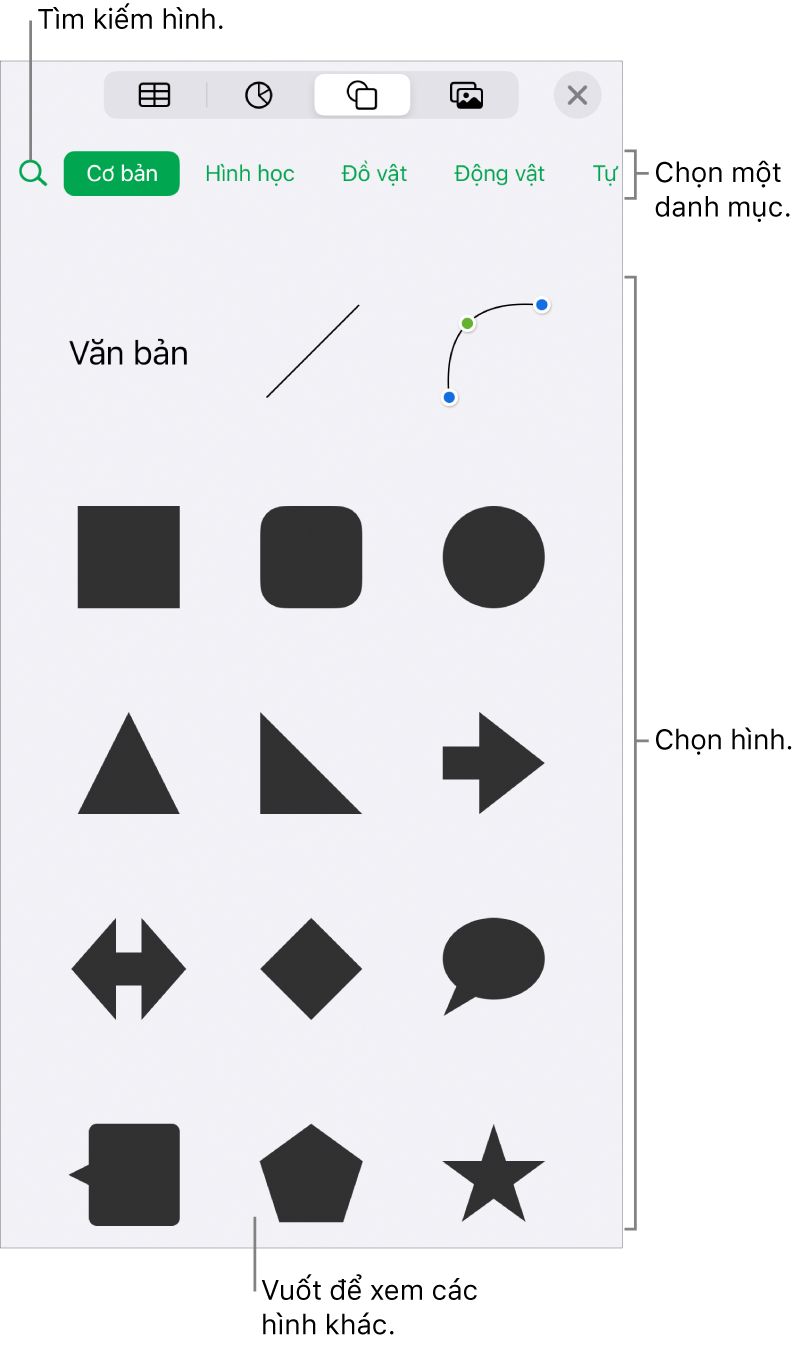 Thư viện hình dạng, với các danh mục ở trên cùng và các hình được hiển thị ở bên dưới. Bạn có thể sử dụng trường tìm kiếm ở trên cùng để tìm các hình và vuốt để xem thêm.