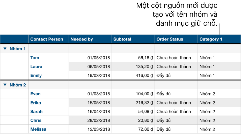 Một bảng được phân loại với tên giữ chỗ cho danh mục và các nhóm.