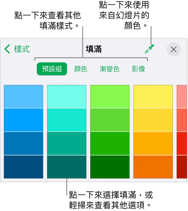 「格式」按鈕其「樣式」分頁中的填滿選項。