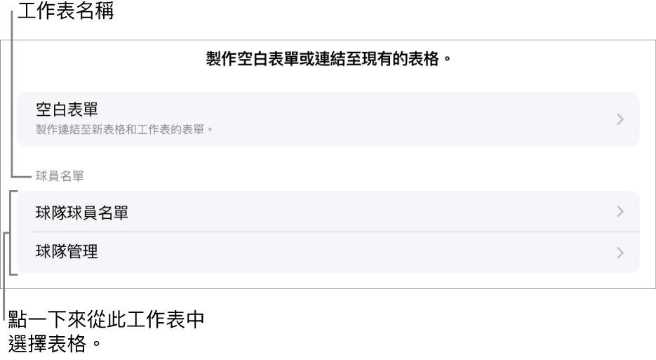 表格列表在同一個試算表上顯示，以及最上方顯示製作空白表單的選項。