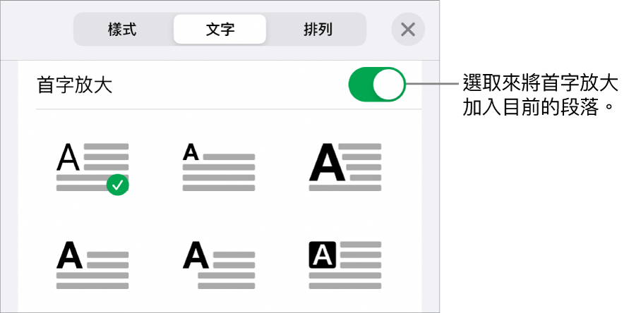 「首字放大」控制項目位於「文字」選單中。