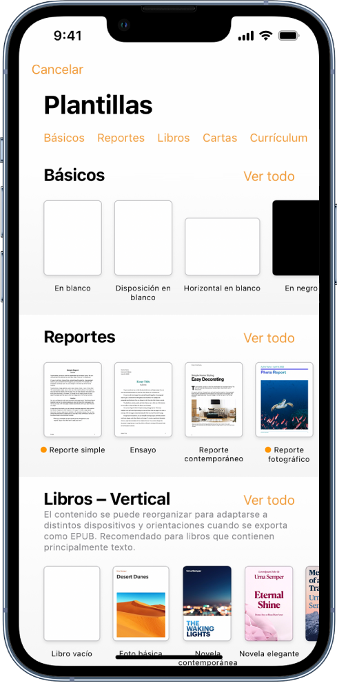 El selector de plantilla muestra una fila de categorías a lo largo de la parte superior en las que puedes tocar para filtrar las opciones. En la parte inferior, organizadas en filas por categoría, aparecen miniaturas de las plantillas prediseñadas, comenzando con las Nuevas en la parte superior y seguidas de las Recientes y Básicas. En la parte superior derecha de cada fila de categoría aparece un botón Ver todo.