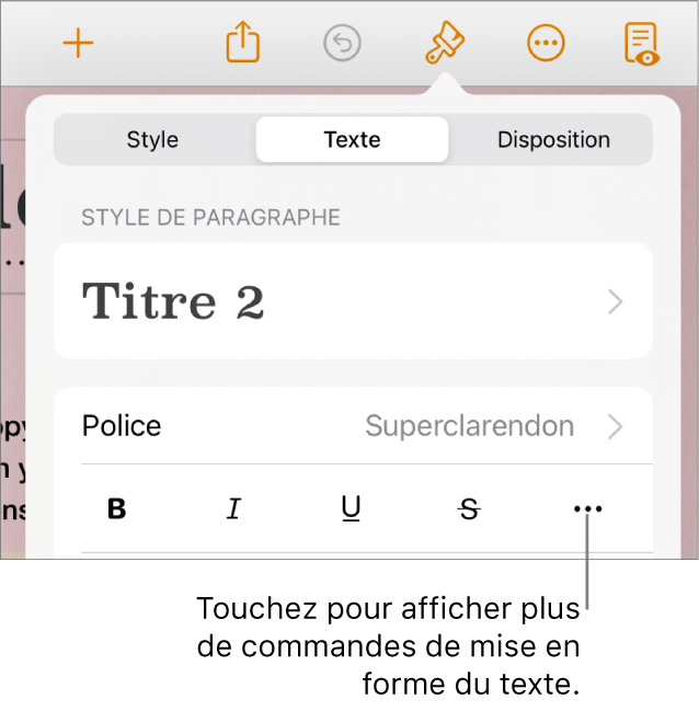 Onglet Texte des commandes Format accompagné d’une légende pour le bouton Plus d’options de texte.