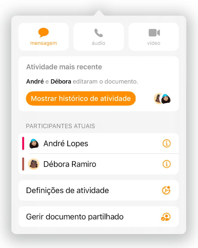 O menu de colaboração a apresentar os nomes das pessoas que estão a colaborar no documento.