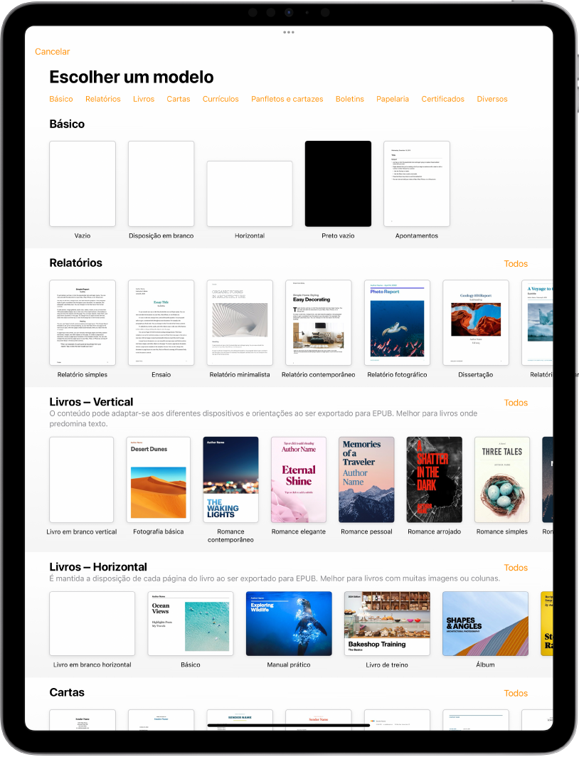 A lista de modelos com uma linha de categorias visível na parte superior, na qual é possível tocar para filtrar as opções. Por baixo estão visíveis miniaturas de modelos preconcebidos organizados em linhas por categoria, que começam por “Recentes” na parte superior e “Básico” e “Relatórios” posteriormente. Surge um botão "Ver tudo” por cima e à direita de cada linha da categoria.