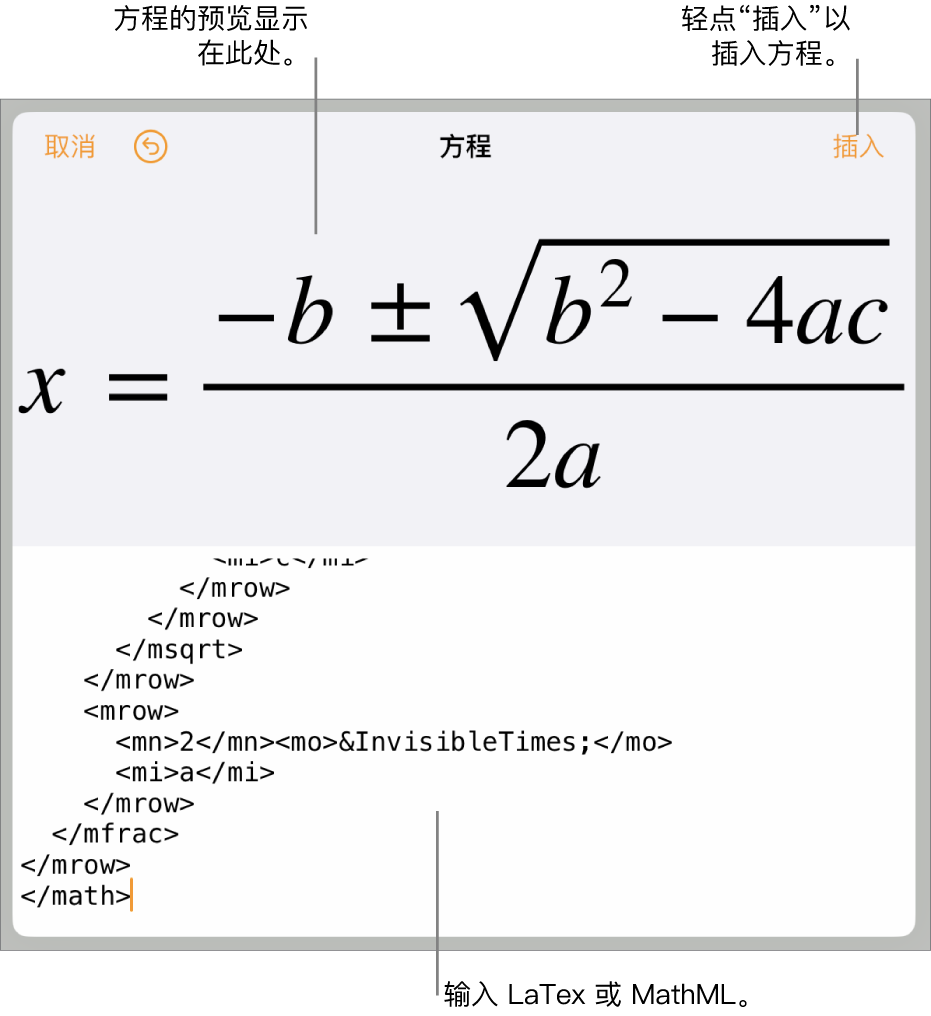 “方程”对话框，显示使用 MathML 命令所写的方程，以及上方公式的预览。