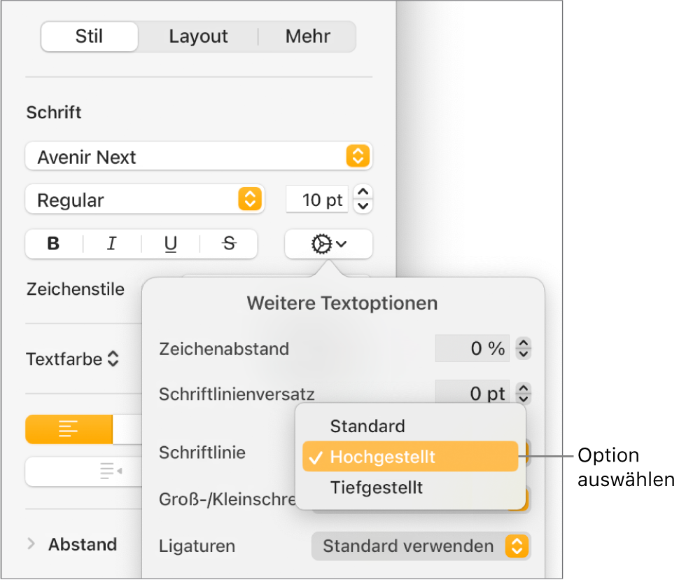 Das Menü „Erweiterte Optionen“ mit dem geöffneten Einblendmenü „Schriftlinie“ und den Menüobjekten „Standard“, „Hochgestellt“ und „Tiefgestellt“.