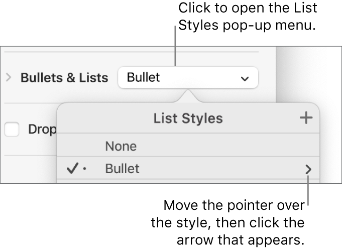 The List Styles pop-up menu with one style selected and an arrow to its far right.