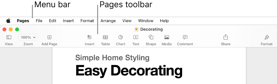 The menu bar at the top of the screen with Apple, Pages, File, Edit, Insert, Format, Arrange, View, Window and Help menus. Below the menu bar is an open Pages document with toolbar buttons across the top for View, Zoom, Add Page, Insert, Table, Chart, Text, Shape, Media, Comment, Share and Format.