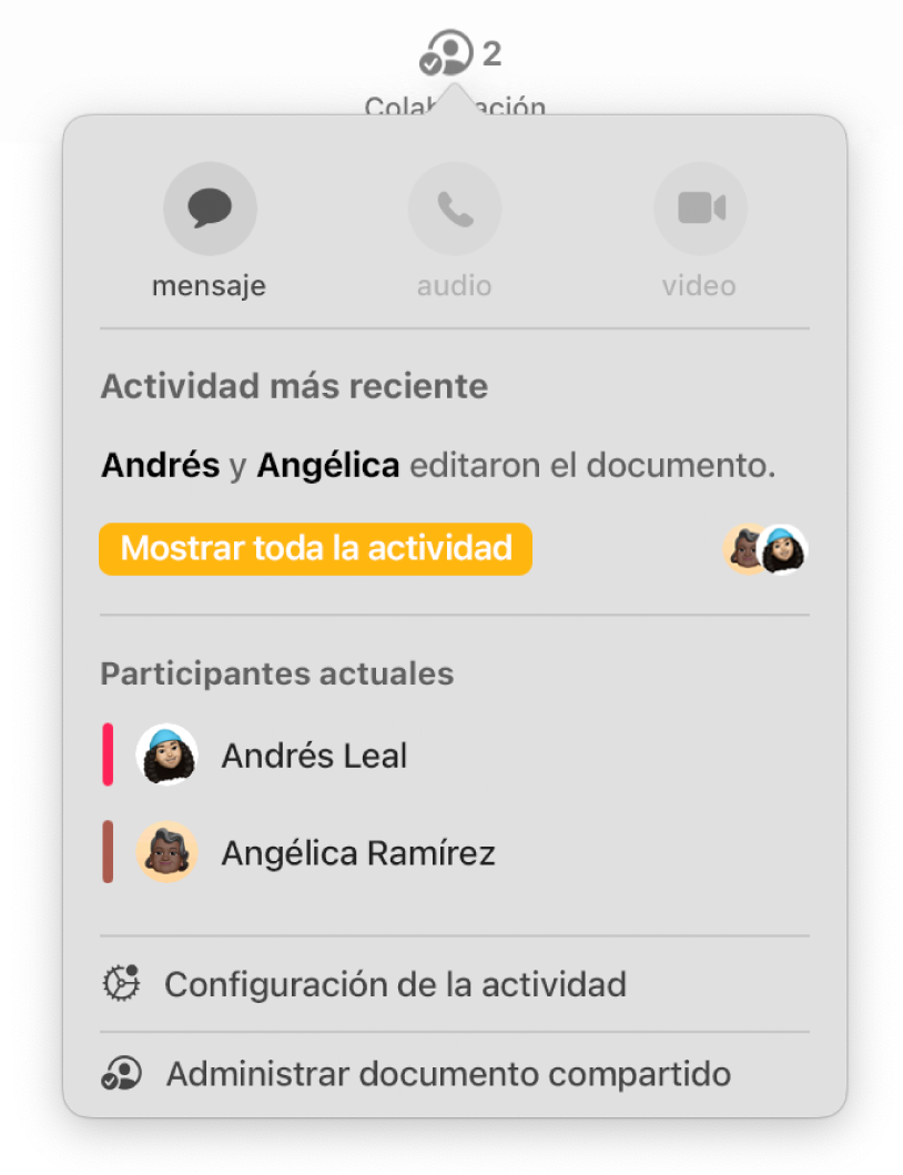 El menú de colaboración mostrando los nombres de las personas que colaboran en el documento.