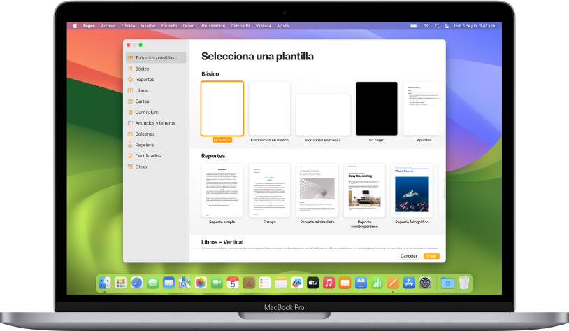 Una MacBook Pro mostrando la pantalla del selector de plantillas de Pages. La categoría Todas las plantillas está seleccionada a la izquierda y las plantillas prediseñadas aparecen en filas y organizadas por categoría a la derecha.