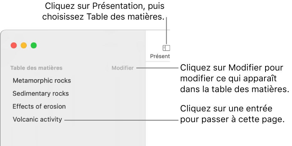 La table des matières du côté gauche de la fenêtre Pages avec un bouton Modifier dans le coin supérieur droit de la barre latérale et les entrées sous forme de liste.