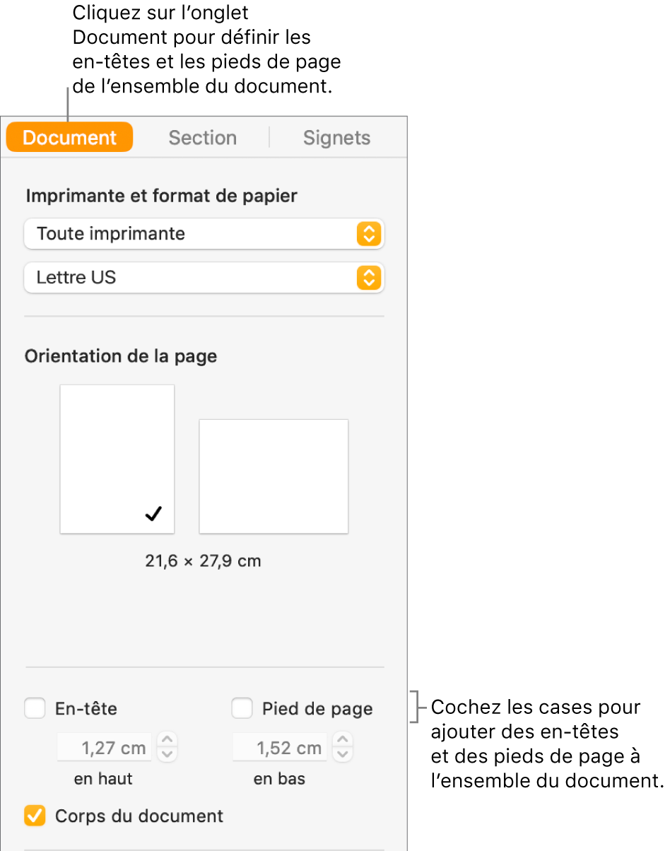 La barre latérale Document avec l’onglet Document sélectionné en haut de la barre latérale. Sous les cases En-tête et « Pied de page » se trouvent des flèches permettant de modifier la distance entre les en-têtes et pieds de page et le haut et le bas de la page.