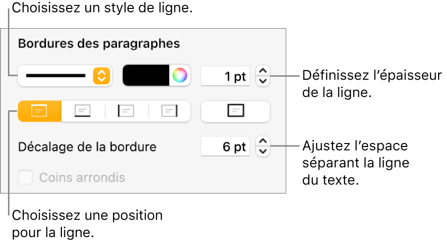 Commandes permettant de modifier le style, l’épaisseur, la position et la couleur de la ligne.