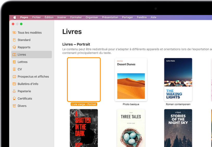 La liste de modèles avec la catégorie Livres sélectionnée à gauche et les modèles de livre en orientation portrait à droite.