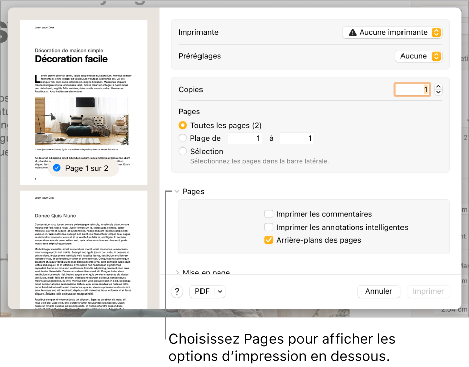 Zone de dialogue Imprimer présentant des commandes d'imprimante, de préréglage, de copie et de plage de pages. L’option Pages est sélectionnée dans le menu local sous les réglages de la plage de pages, suivie de cases à cocher pour imprimer les commentaires, imprimer les annotations intelligentes et imprimer les arrière-plans des pages.