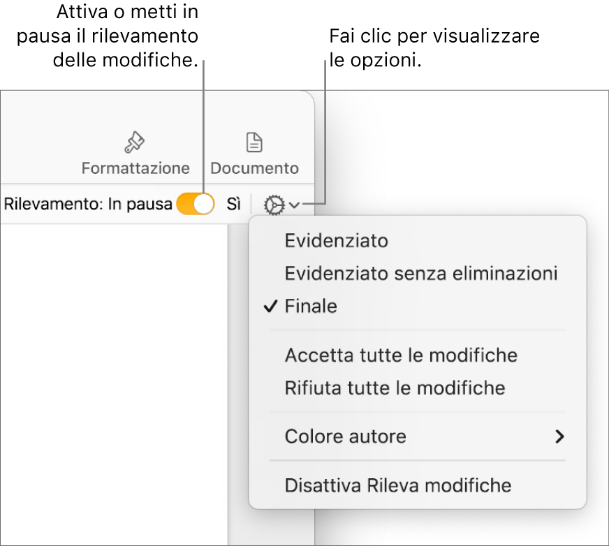 Menu delle opzioni di rilevamento con “Disattiva Rileva modifiche” nella parte inferiore e didascalie per i pulsanti “Rilevamento modifiche attivo” e “In pausa”.