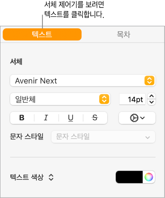 선택한 텍스트 탭 및 서체, 서체 크기를 변경하고 문자 스타일을 추가하는 서체 제어기가 있는 포맷 사이드바.