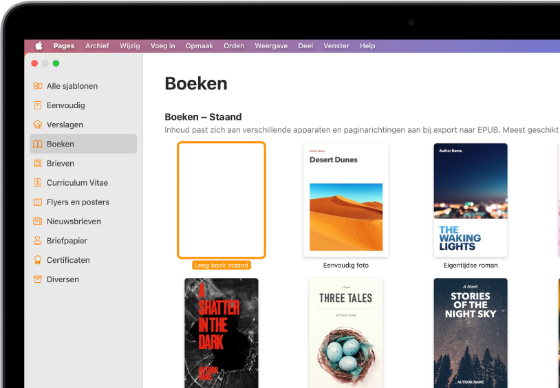 De sjabloonkiezer waarin 'Boeken' is geselecteerd in de lijst met categorieën aan de linkerkant. Aan de rechterkant staan boeksjablonen met de paginarichting 'Staand'.