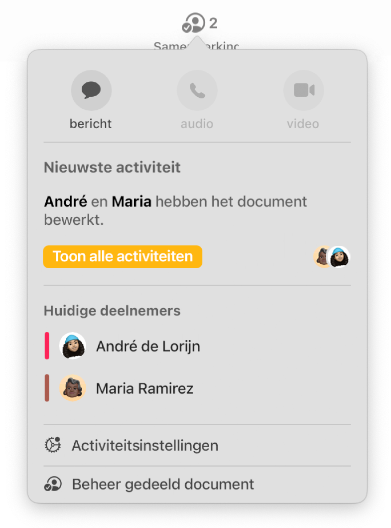 Het samenwerkingsmenu met daarin de namen van mensen die samen aan het document werken.