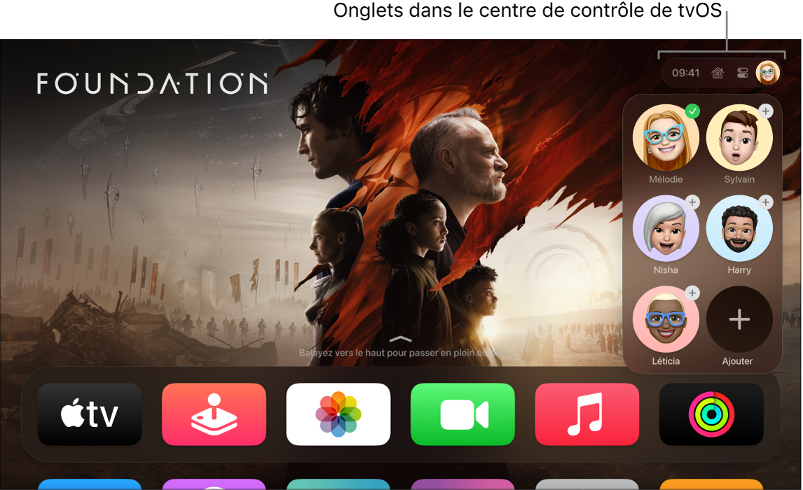 Écran de l’Apple TV qui affiche des onglets dans le centre de contrôle.